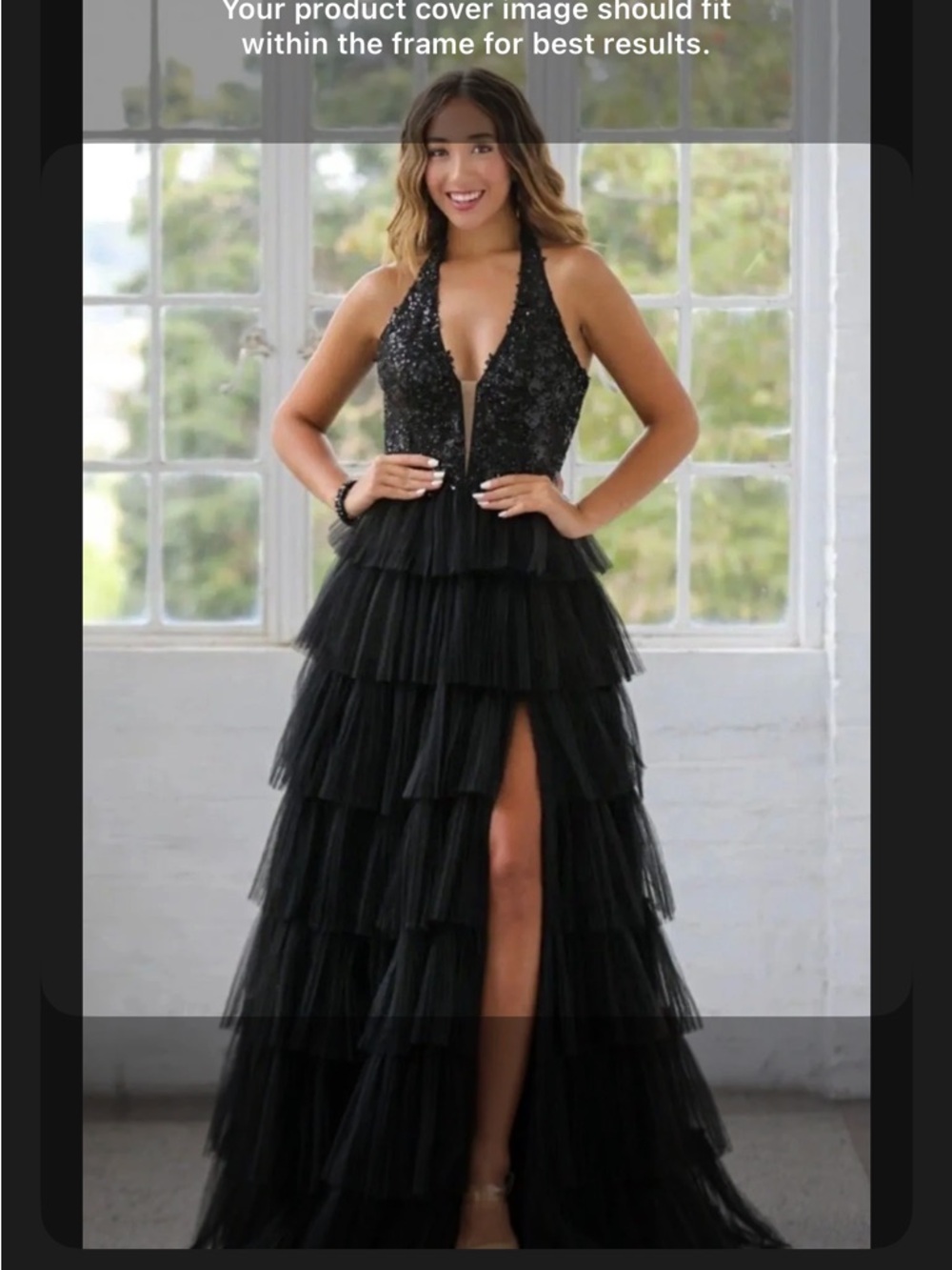 Black Tiered Tulle Halter Prom Dress with Plunging Sequin Bodice